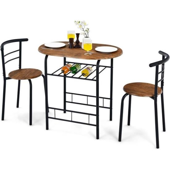RELAX4LIFE Table à Manger Avec 2 Chaises Encastrables - Ensemble Métal 80x53x77cm, Étagère à Vin, Argent