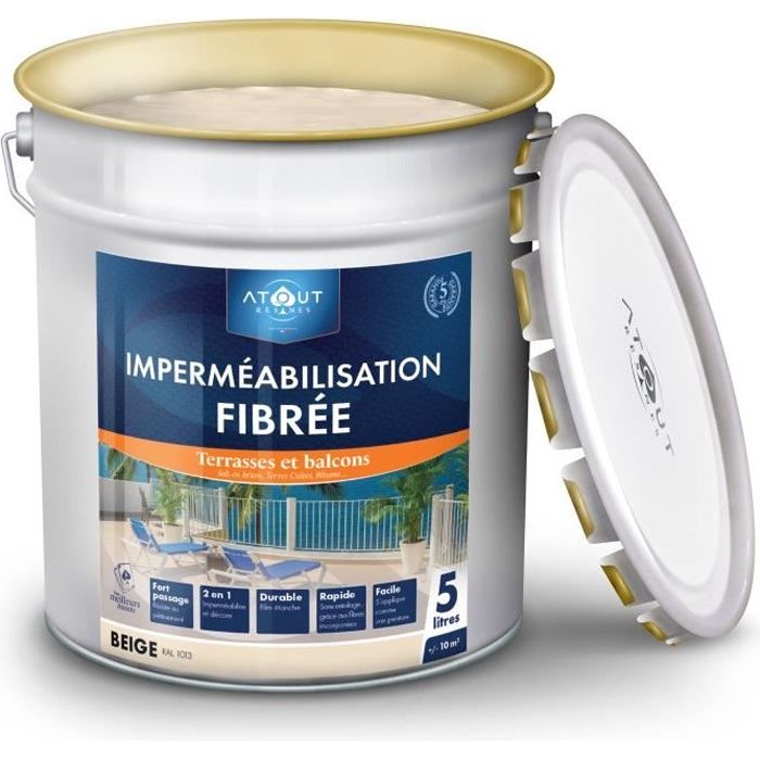 résine peinture fibrée Beige 5 L pour dalle extérieur balcon terrasse circulable traitement de micro fissure prêt a l'emploi