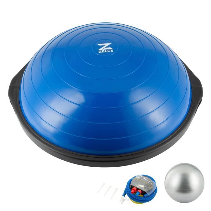 64cm Balle d'Équilibre Balance Trainer Ball 2 Bandes de Résistance Ballon d’Équilibre Demi-Ballon d’Entraînement Pompe à Piedbleu