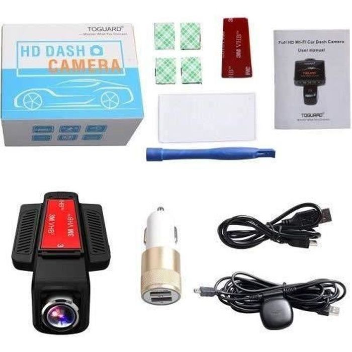 TOGUARD Caméra de Voiture GPS WiFi Grand Angle de 170° Caméra Embarquée Full HD 1080P, Dashcam Voiture Avec Objectif Réglable Écran