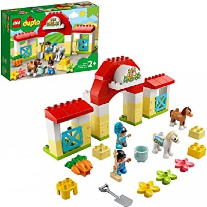 10951 duplo town l’ecurie et les poneys, cheval jouet pour enfant 2 ans et plus, jeu de construction pour filles et garçons