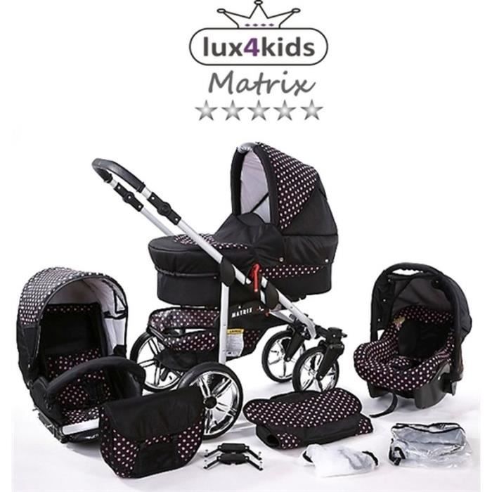 Matrix 2 Poussette Combinée 3en1 Set été Roues pivotantes Nacelle Siège Auto Poussette Canne 43 noir & points rose