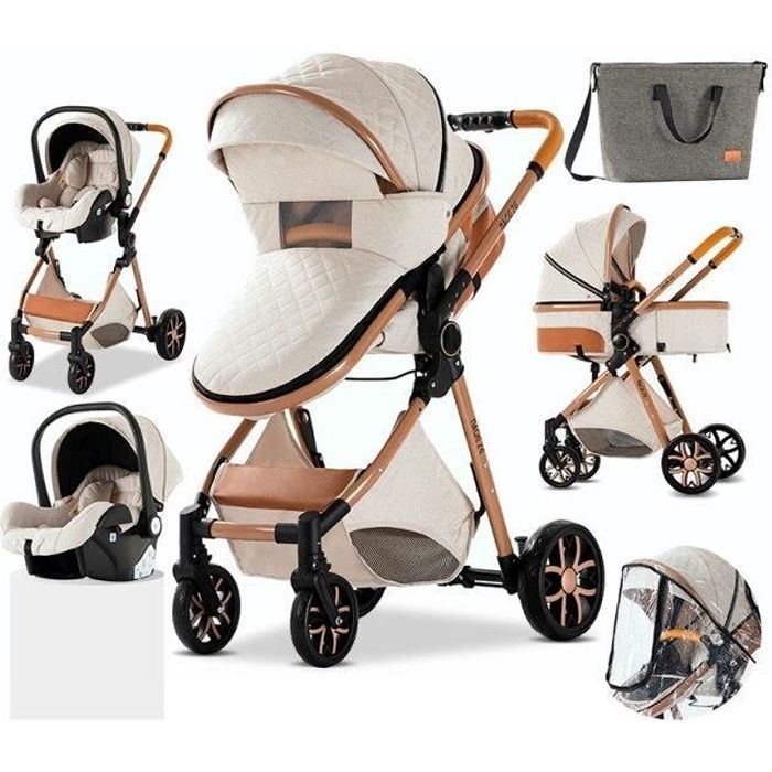 Poussette 3 en 1 Bébé Combinée Siège-Auto Landau Nacelle Réglable Sac à Langer Haute Qualité Poussette Canne Blanc