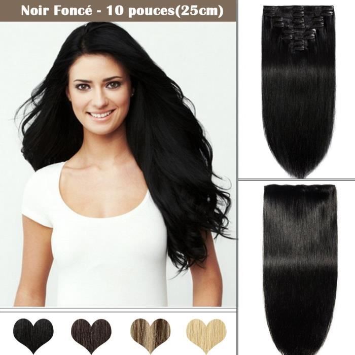 Extensions a Clips Cheveux Naturels 8 pcs Epaisseur Moyenne Remy Human Hair - NOIR FONCE(10 pouces-25cm)