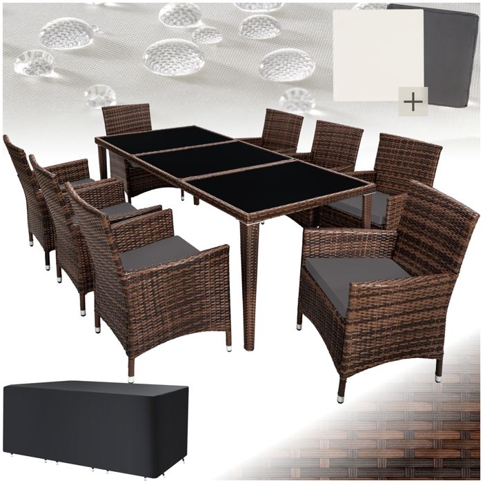 TECTAKE Salon de Jardin MONACO Résine Tressée 8 Personnes 8 Fauteuils 1 Table + 1 Housse Marron