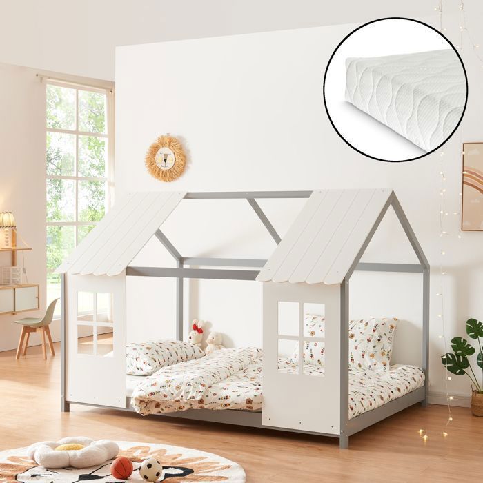 Lit cabane Tostedt pour enfant 120 x 200 cm avec matelas sommier à lattes bois de pin vert menthe blanc [en.casa]