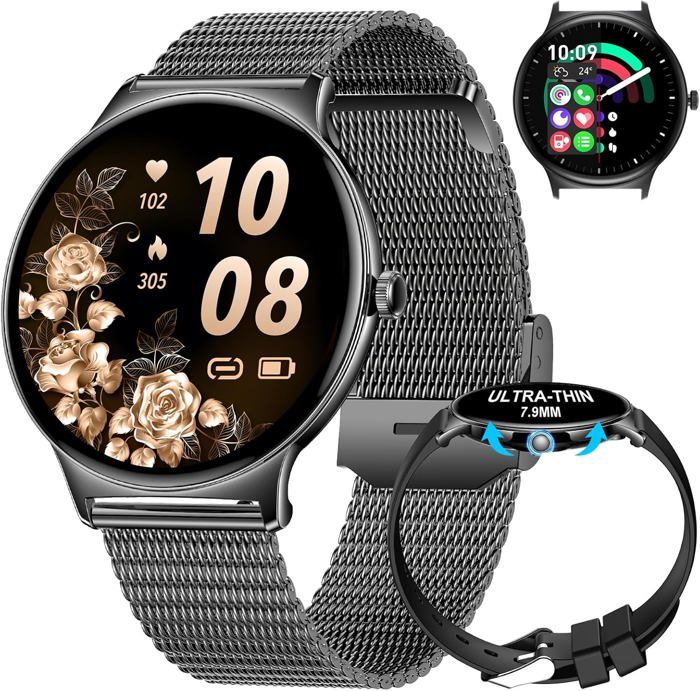 Montre Connectée Pour Femme-Appels Bluetooth-Pour Android Ios-100+-Sport-Écran Amoled Always-On-Noir-Bracelet Grillagé-Moniteur De
