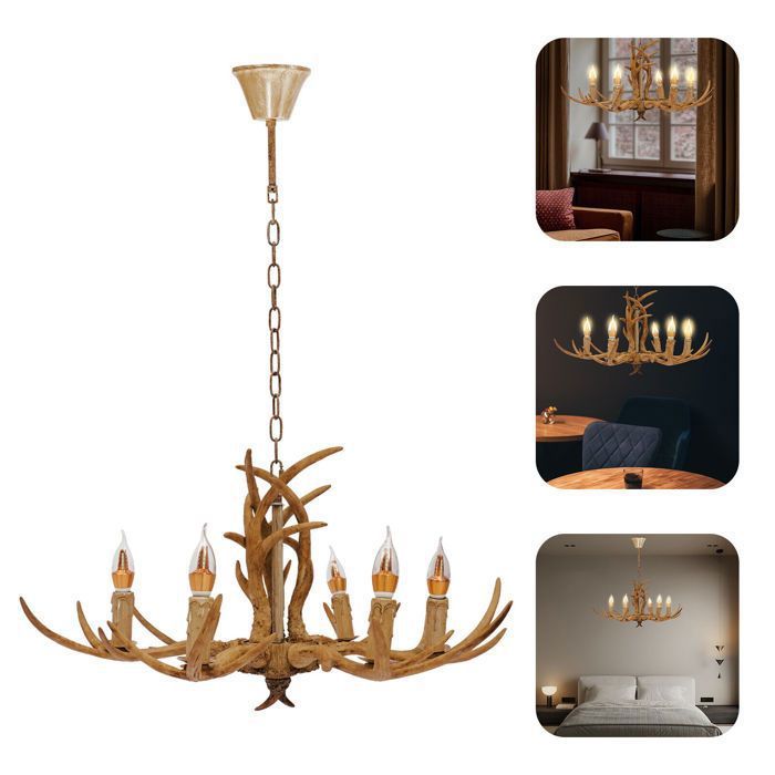 Lustre Intérieur - Lampe à Bois de Cerf - Avec six Bois - Lustre Décoratif pour la Maison - Lampe de Suspension (Section B)