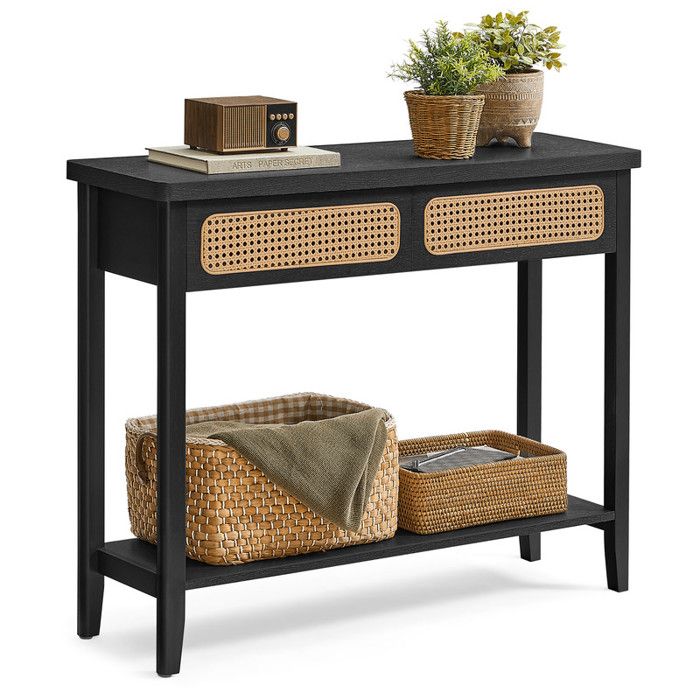 Table Console - Style Boho - Noir Cendré - 2 Tiroirs - Étagère Ouverte