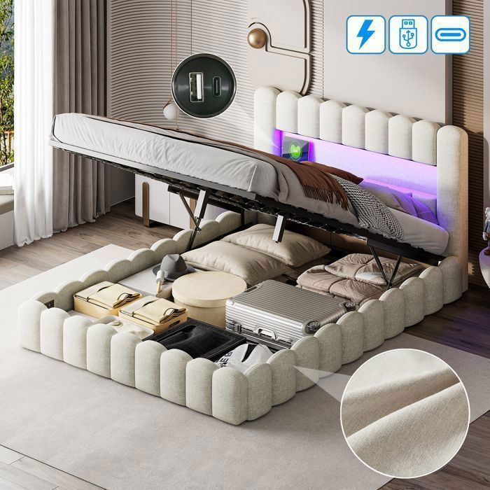 Lit double 160x200 cm - ADWOLT - Design tronc darbre - Éclairage LED - Rangement hydraulique - Beige