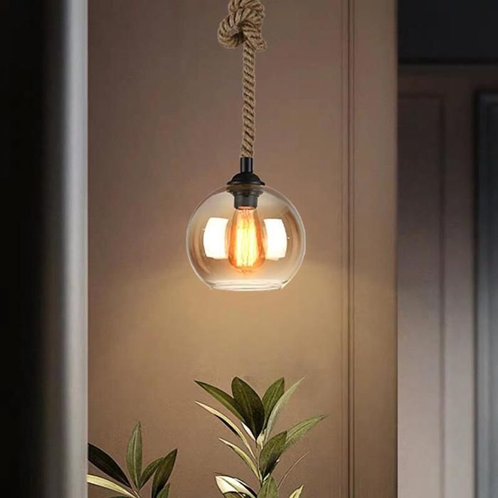 WOTTES Lustre Suspension Industrielle Rétro Ø25cm en Forme Boule Verre Marron et Corde de Chanvre pour Salle à Manger 1pcs