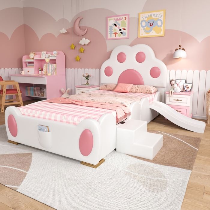 Lit capitonné 90 x 200 cm avec tête de lit lit simple avec toboggan sommiers à lattes stables pour enfants blanc (sans matelas)
