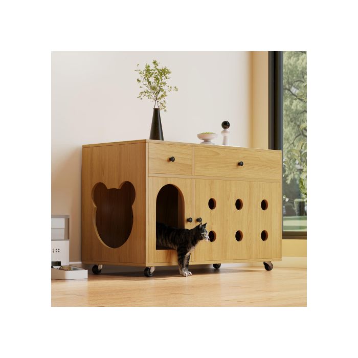 Comparer les prix de ®TONLRGY Meuble pour litière pour chat avec plateau amovible en sabliersans bac à litière100*45*66 cm (couleur bois dorigine)