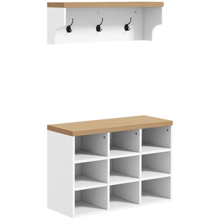 Ensemble meuble dentrée 2-en-1 - HOMCOM - porte-manteau mural banc à chaussures - 3 crochets et 9 niches - blanc et chêne Ensemble meuble dentrée 2-en-1 - HOMCOM - porte-manteau mural banc à chaussures - 3 crochets et 9 niches - blanc et chêne