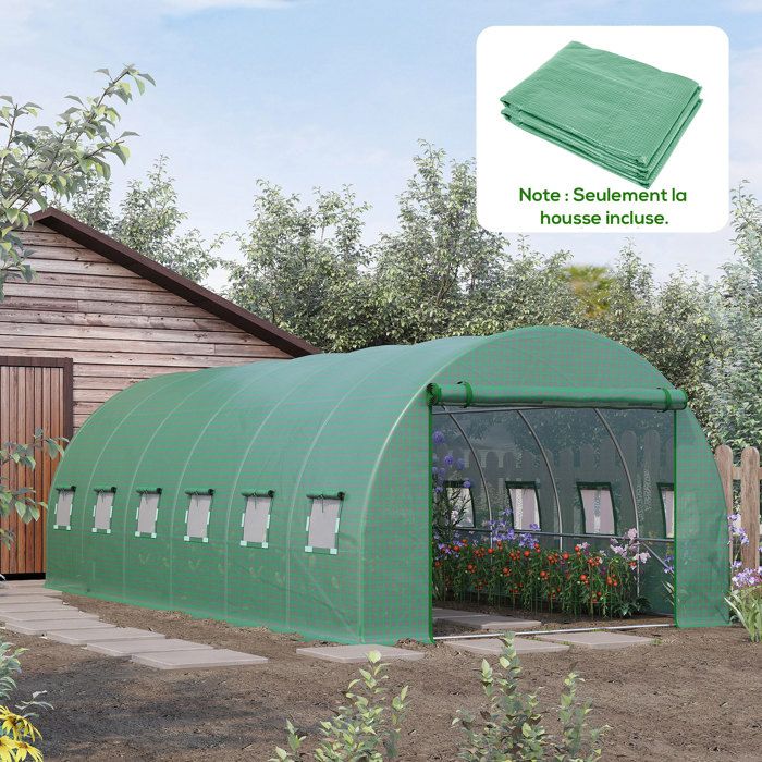Bâche de Rechange Serre Tunnel 18 m² bâche dim. 6L x 3l x 2H m PE Anti-UV imperméable 12 fenêtres + Porte Enroulable zippée Vert