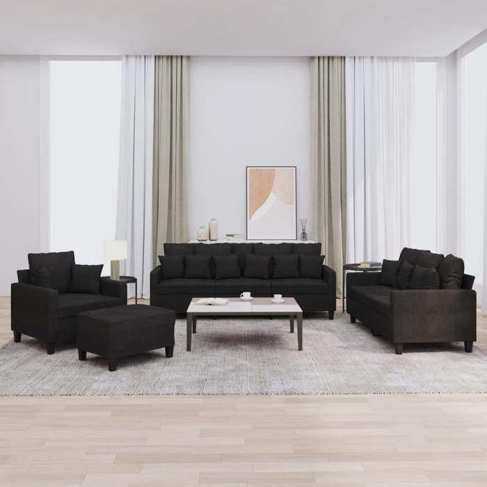 Ensemble de canapés avec coussins - vidaXL - 4 pièces - Noir - Tissu polyester - Structure en métal et contreplaqué