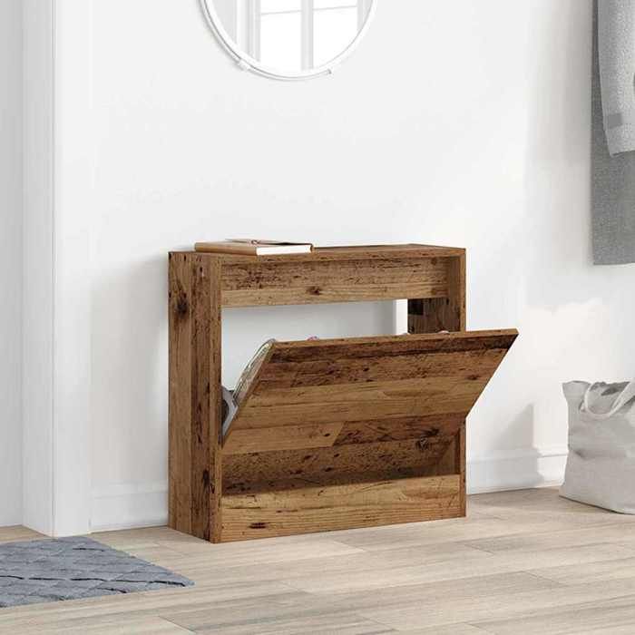 Cabinet à chaussures avec étagère - WIENS - Bois ancien - 60x21x57 cm - Porte à charnières - Étagères de rangement
