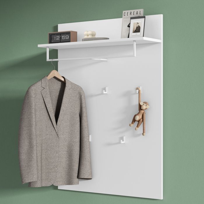 Mai & Mai Porte-manteau Mural Panneau 5 Crochets et Tringle avec Etagère Blanc Mat Gabo-01 78x216x108 cm