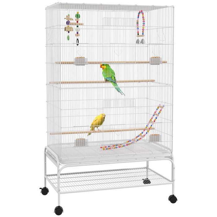 Comparer les prix de Cage à oiseaux - PawHut - volière grande taille support à roulettes 10 portes accessoires - métal - 79x49x133cm - blanc