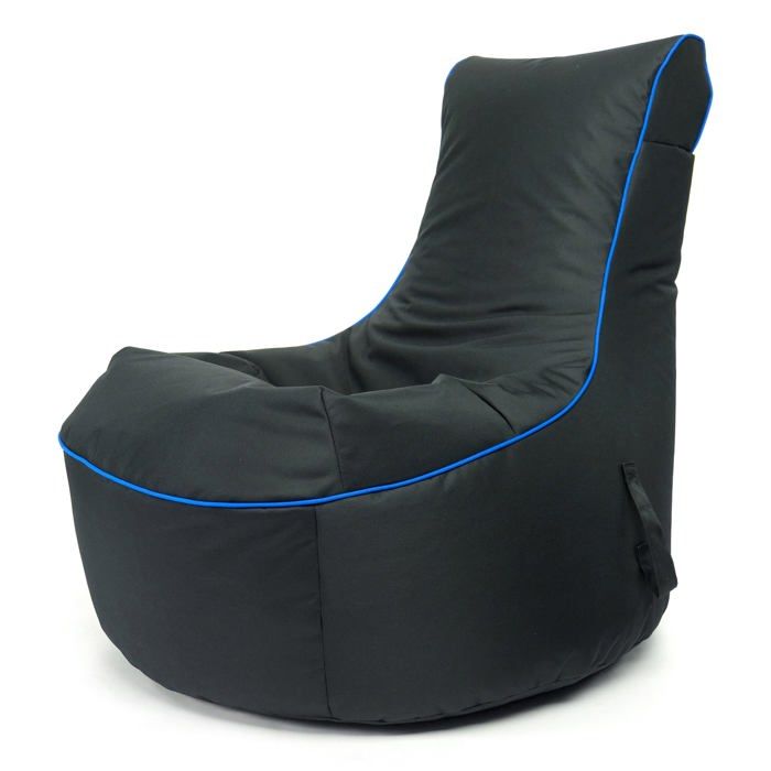 Pouf Fauteuil Gaming Pablo en Simili Cuir Matelassé Dossier Haut avec Poches 77x77x84cm Noir Règle Bleue – Ecopuf