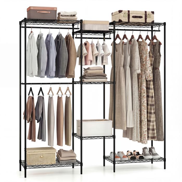 COSTWAY Armoire Portable en Métal avec 7 Étagères Métalliques Réglables & 4 Barres de Suspension pour Chambre Salle de Bain Noir