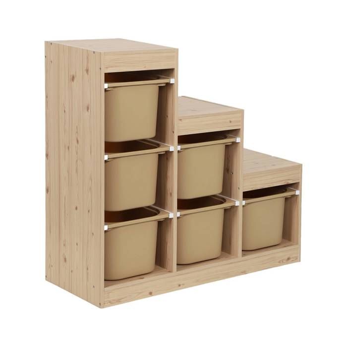 Meuble de rangement enfant escalier 6 bacs de rangement décor bois naturel et beige - Sora Meuble de rangement enfant escalier 6 bacs de rangement décor bois naturel et beige - Sora