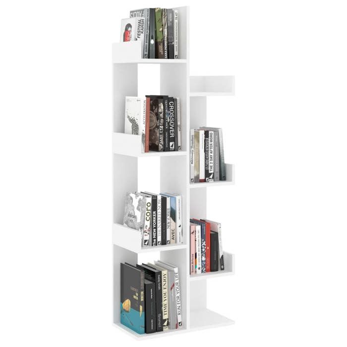 Bibliothèque blanche en bois dingénierie - MEUBLECHIC - 48x255x140 cm - 8 compartiments - Blanc - Construction solide