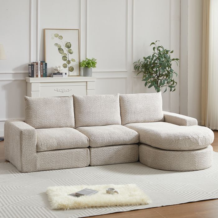Canapé Dangle en Chenille 251x160x81cm Combinaison Libre Sans Assemblage Canapé en L 4 Places avec Méridienne-Beige