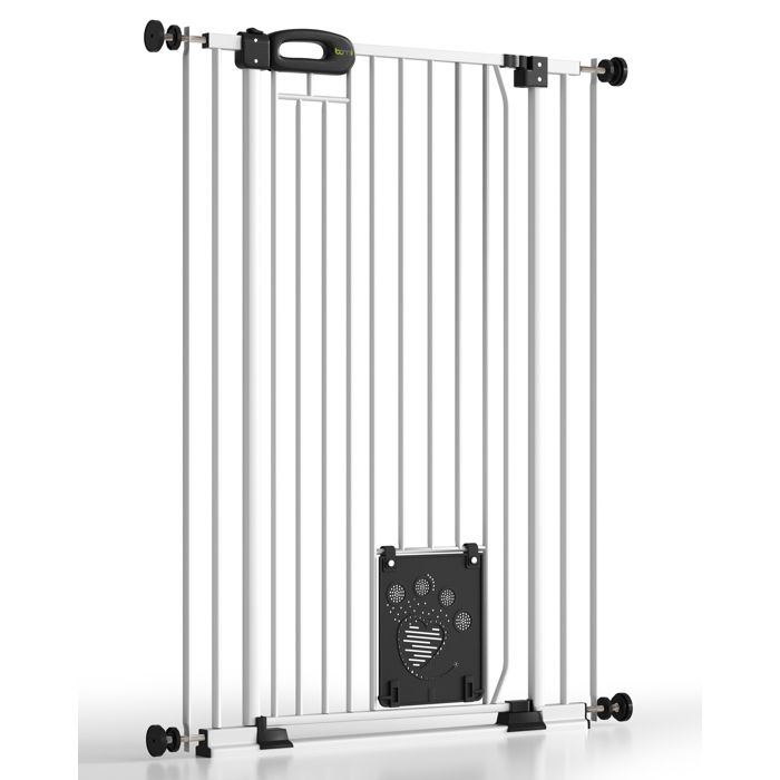 Barrière pour chien extra haute 107 cm – 143–153 cm – Avec chatière 3 fonctions – Fermeture automatique – Merle – BOMI