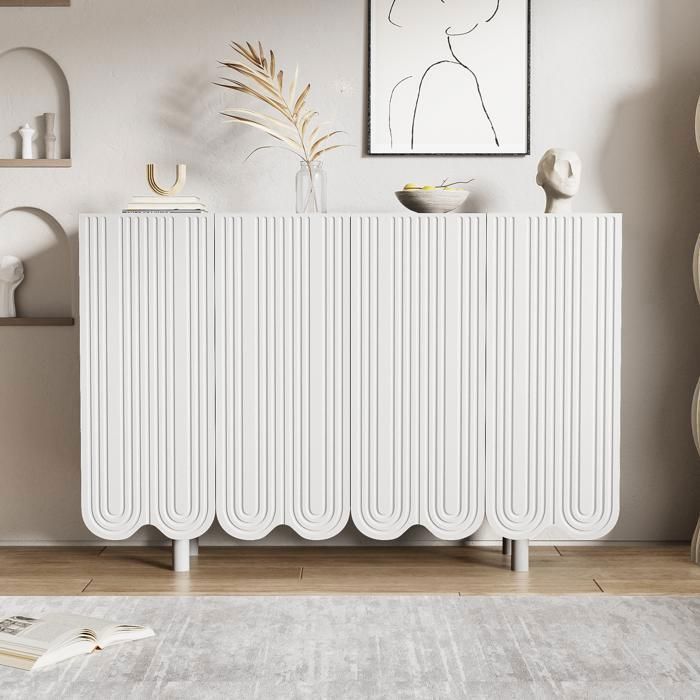 Buffet Bas Blanc 120 cm avec 4 Portes Sculptées Motif Goutte et Étagères Intérieures Bahut Moderne avec Charnières Amorties