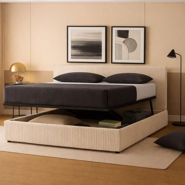 Lit coffre avec tête de lit - SAMPUR - 160x200 cm - Velours côtelé beige - Sommier à lattes - Ouverture horizontale ergonomique Lit coffre avec tête de lit - SAMPUR - 160x200 cm - Velours côtelé beige - Sommier à lattes - Ouverture horizontale ergonomique