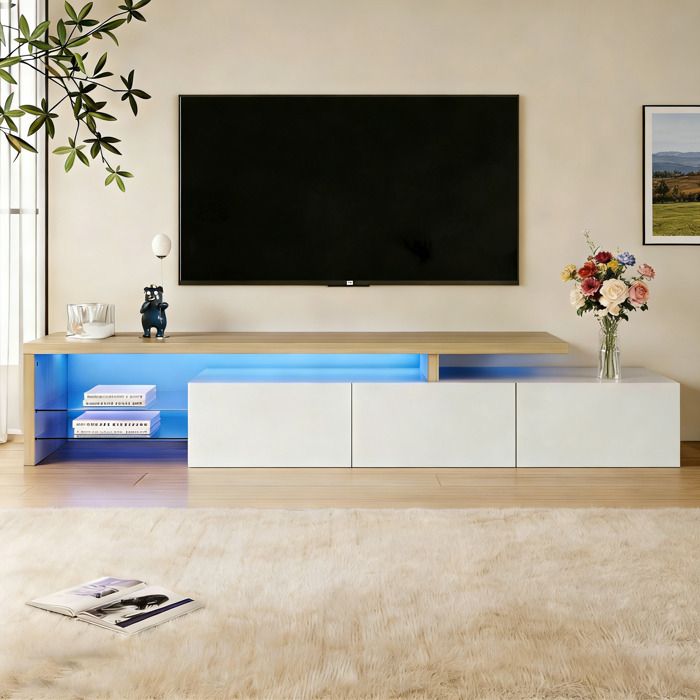 Meuble TV avec éclairage LED 7 Couleurs - Kilisky - Rangements Ouverts et Fermés - Étagères en Verre - Blanc Brillant -200x39x42CM