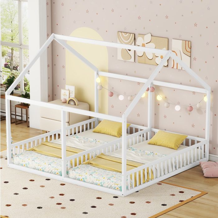 Lit enfant 2 en 1 blanc 204×187 cm couchages 2×90×200 cm barrières de sécurité toit maison