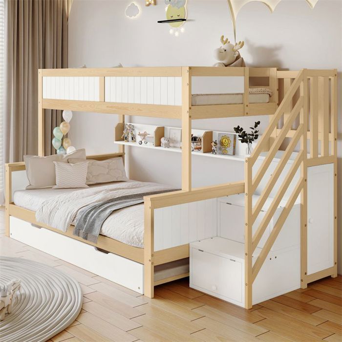 Lit superposé à trois places avec placard intégré Dimensions : 90 x 200 cm * 2 120 x 200 cm Couleur naturelle matelas non inclus