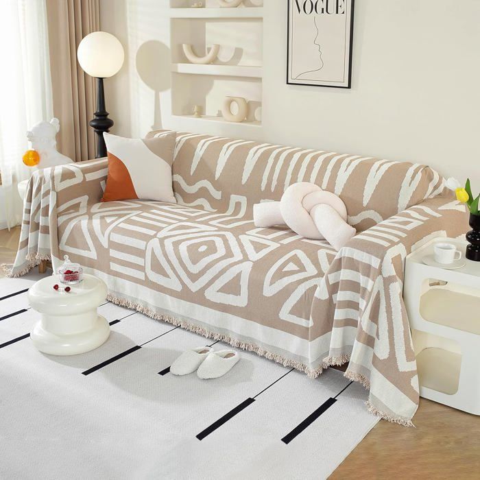Housse de canapé dangle - LEHRING - Kaki - Chenille - 180x260 cm - Anti-rides - Glands décoratifs - Style boho