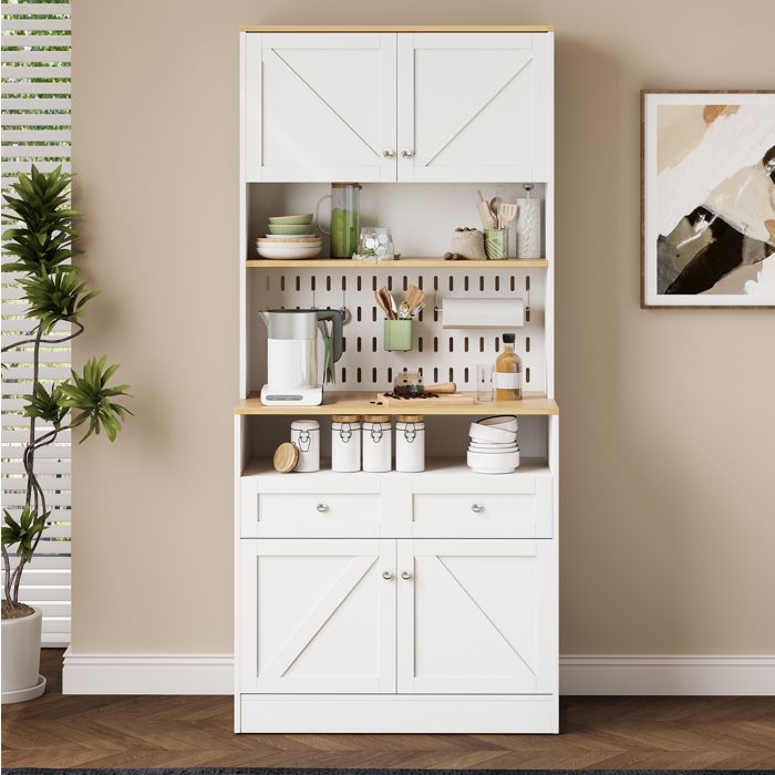 Buffet de cuisine 80x40x175 cm blanc bois meuble rangement 4 portes 2 tiroirs poignées argent et panneau perforé