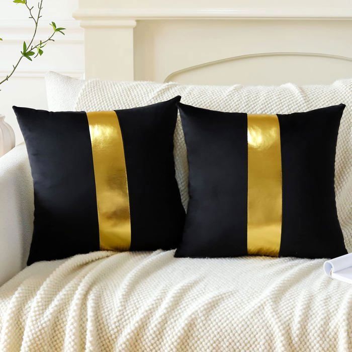 Housse de Coussin Lot de 2 en Velours Canapé Taie doreiller Cuir Doré pour Maison Salon Chambre Décoration 45 x 45 cm Noir Noir