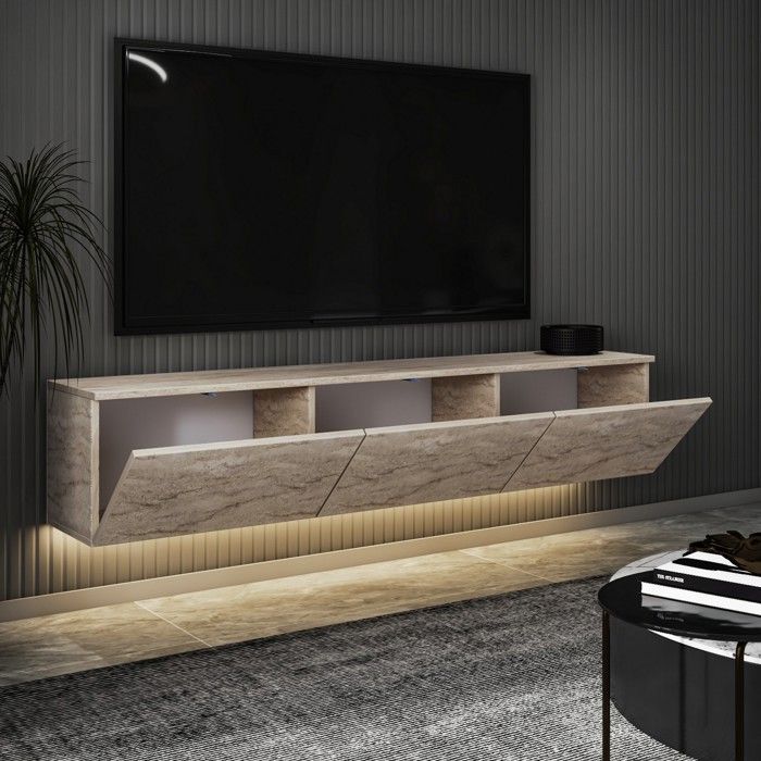 Meuble TV Carosino Dmora en Bois Nobilité Beige Marbre 160x32x35h cm Meuble TV Carosino Dmora en Bois Nobilité Beige Marbre 160x32x35h cm