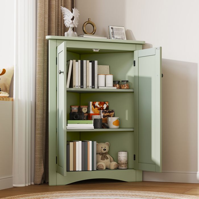 Meuble dAngle 2 Portes avec 2 Étagères et Dispositif Anti-Basculement - YEAVIO - MDF Laqué Vert Salle de Bain