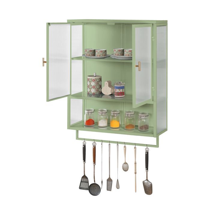LPOSPI Armoire murale moderne avec portes vitrées et porte-serviettes étagères - 60x23x78 cm - vert