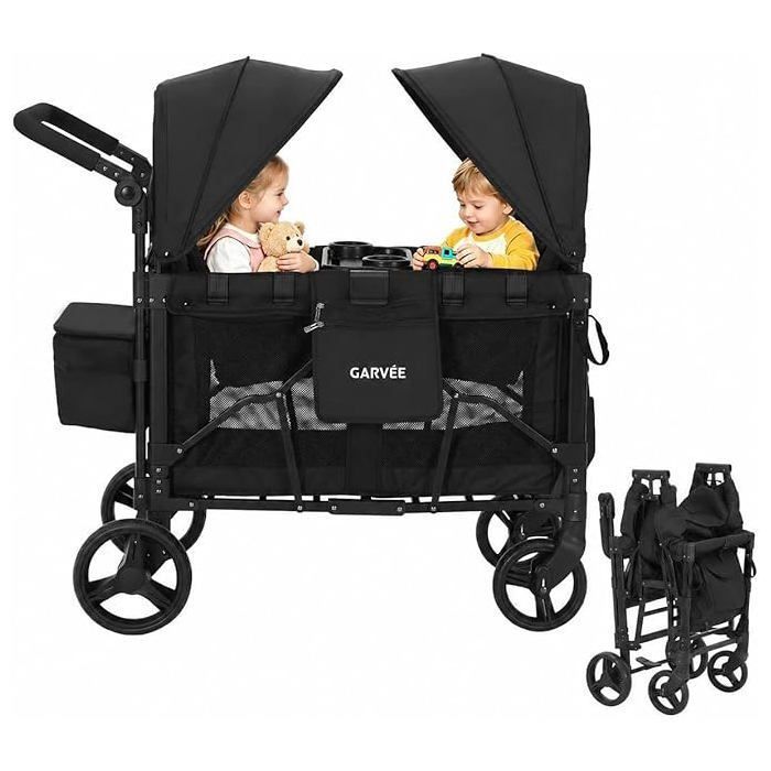 Poussette Double Tout-Terrain Pliable Poussette Push & Pull Toile Solaire Réglable Harnais 5 Points Plateau Goûter Rangement