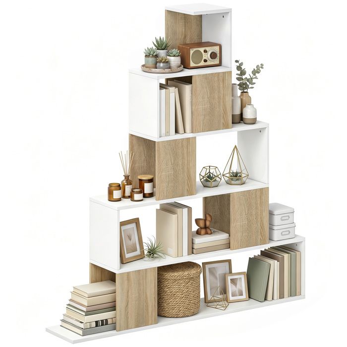 Étagère de rangement - HOMCOM - bibliothèque géométrique à 5 niveaux - bois - 120 x 22 x 1315 cm - blanc et bois naturel