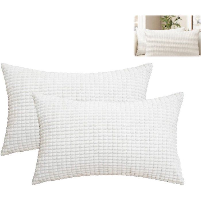 Housses De Coussin 30x50 cm En Velours Côtelé Lot De 2 Motif Grain De Maïs Fermeture Éclair Cachée Blanc