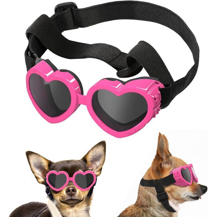 Lunettes pour chien en forme de cœur lunettes de soleil ajustables pour animaux de compagnie protection UV roses.