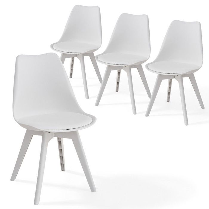 Lot de 4 chaises — Scandinave — Blanc — Pieds en plastique Blanc — Avec coussin simili cuir