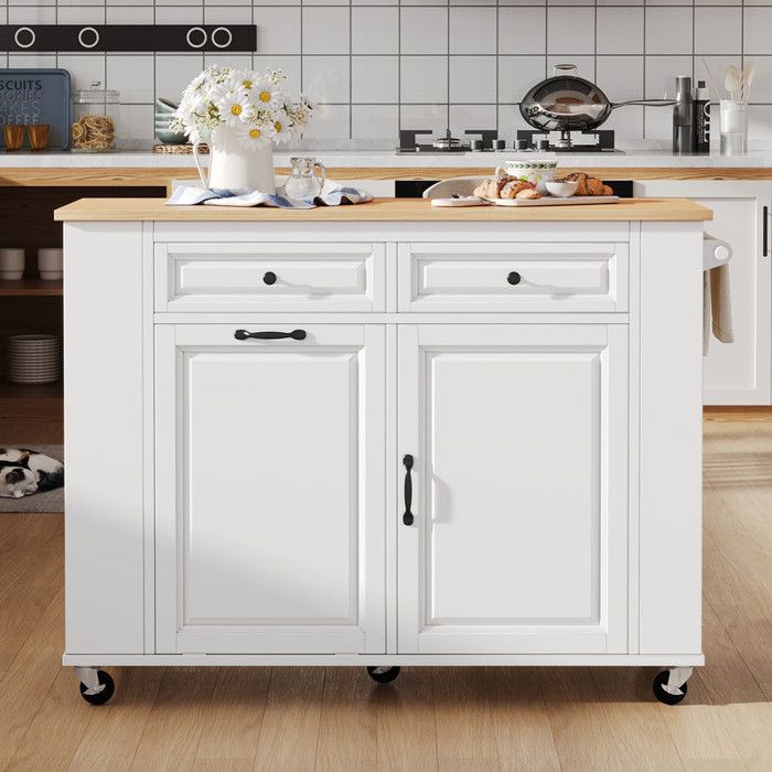 Îlot de cuisine mobile blanc sur roulettes extensible multiprise intégrée bac à déchets et porte-serviettes pour cuisine