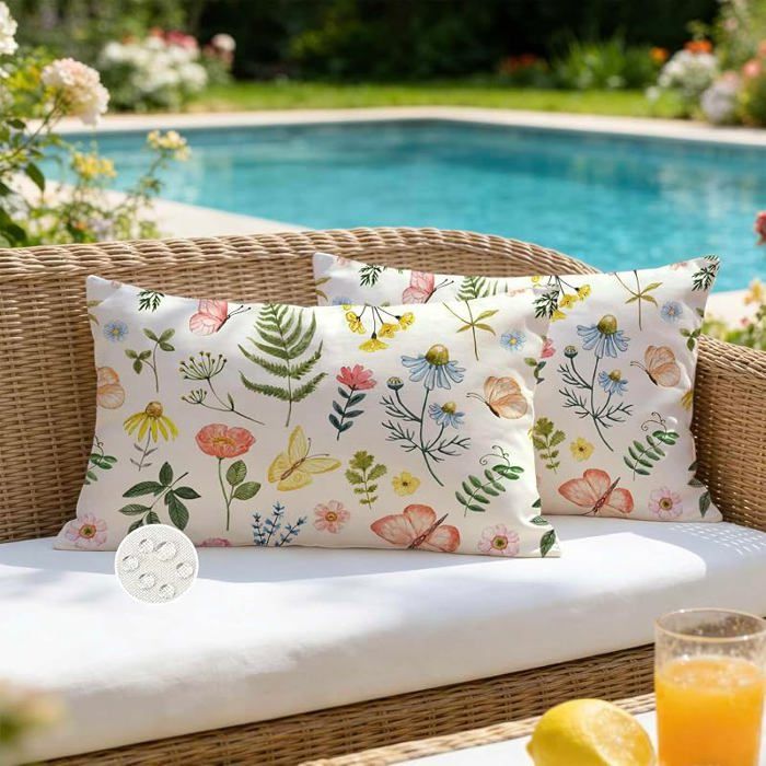 Housse Coussin Exterieur Impermeable 30x50 Fleurs Fleur Feuille Papillon Décoratif Taie 50 x 30 cm (Lot de 2) Vert