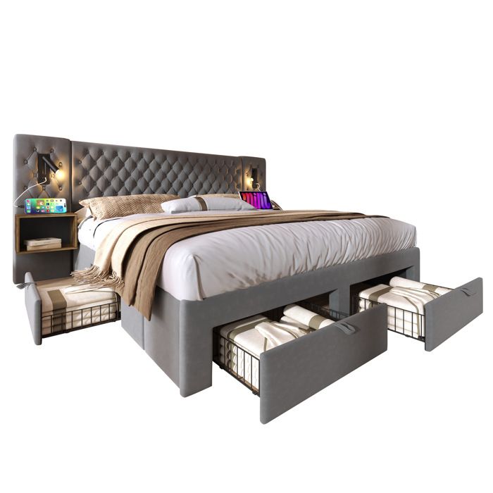 Lit double 160x200 cm en velours gris – 2 tables de chevet 4 tiroirs 2 liseuses USB/USB-C