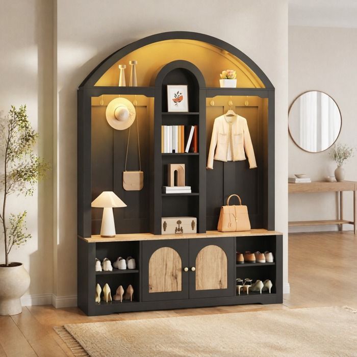 Meuble à chaussures-vestiaire dentrée 150x40x195cm avec rangements ouvertscrochets métalliquesLED USBMDF noir bois