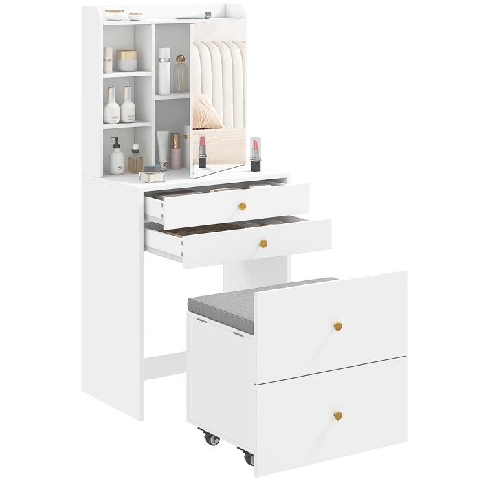 Coiffeuse - HOMCOM - avec miroir et tabouret de rangement mobile - tiroirs et étagères ouvertes - bois - 60 x 40 x 132 5 cm - blanc Coiffeuse - HOMCOM - avec miroir et tabouret de rangement mobile - tiroirs et étagères ouvertes - bois - 60 x 40 x 132 5 cm - blanc